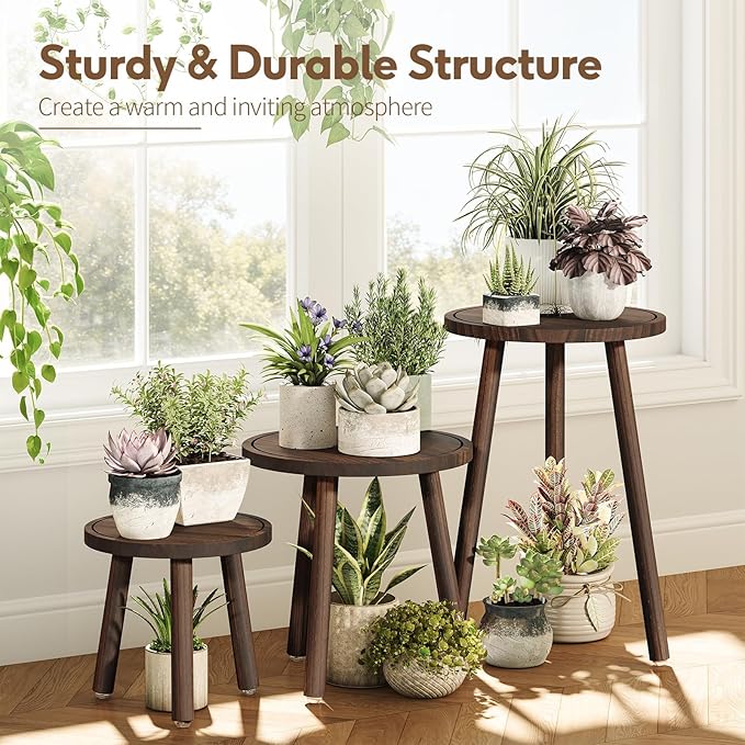 Uneedem Plant Stand Indoor - 3-Pack Taller Single Wood Plant Stand for 6-12 Inch Pots, Mid-Century Modern Plants Stool for Large Plants, Small Round Wooden Planter Table for Living Room, Balcony