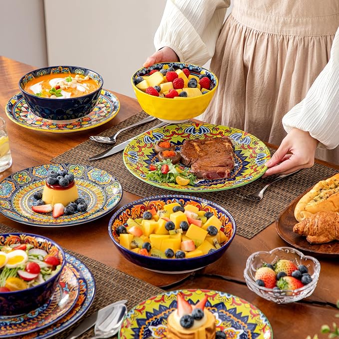 vancasso 16 Pieces Plates and Bowls Set, Bohemian Style Dinnerware Sets Service for 4, Porcelain Boho Dishes Set for Kitchen, Housewaring Gift, Dishwasher and Microwave Safe, Series KRVI