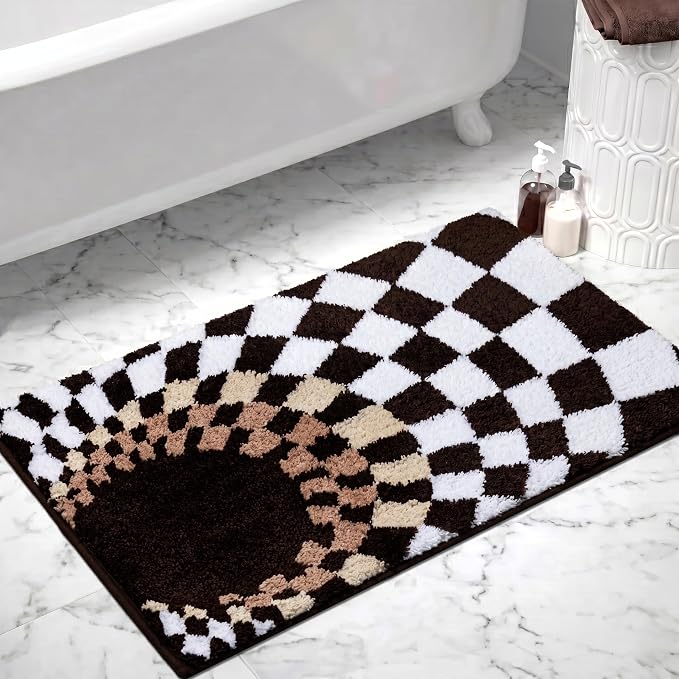 Cute Microfiber Checkered Bath Mat, Non Slip High Pile Absorbent Mat, Tufted Checkerboard Rug for Toilet, Sink, Funky Apartment Decor, Brown, Machine Washable, 16"x24"