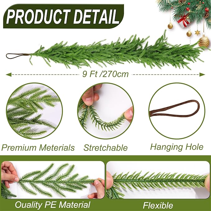9 Ft Christmas Norfolk Pine Garland Real Touch Artificial Faux Greenery Christmas Garland Decorations for Home Mantle Table Fireplace Stairs Door Indoor Outdoor Holiday Decor