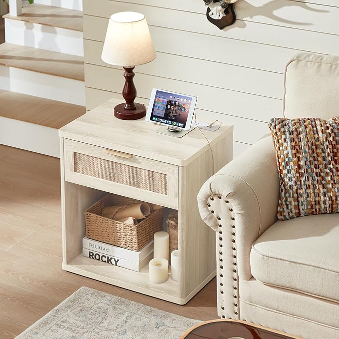LEYAOYAO Rattan Nightstands Set of 2 with Charging Station, Grey White Night Stand with Drawer, 23" Wide Boho Bedside Table with Storage Shelf, Bed Side End Tables for Bedroom, Living Room, Hallway