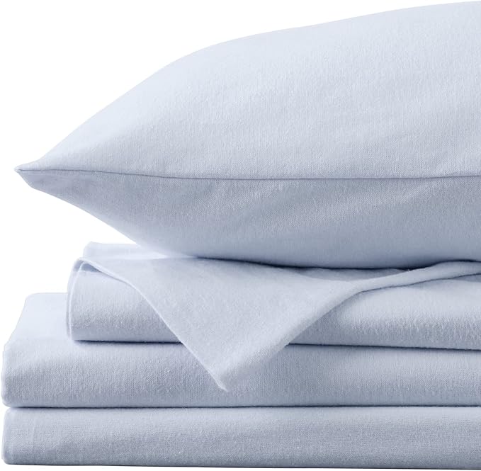 Market & Place 100% Turkish Cotton Flannel Sheet Set | 4 Piece Deep Pocket Solid Cozy Winter Bed Sheets | Double Brushed for Extra Softness & Comfort | Chalet Collection (King, Light Blue)