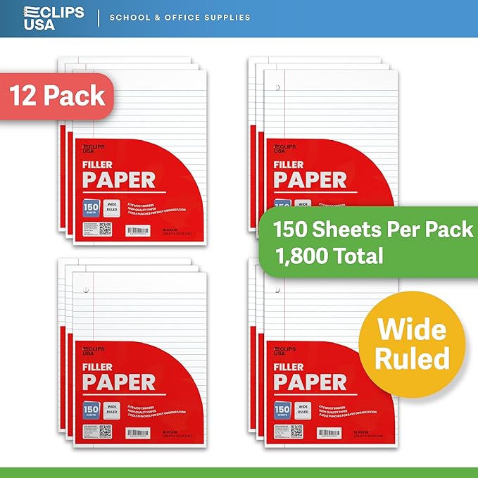 Wide Ruled Loose Leaf Paper Wide Ruled Notebook Paper Lined Writing Filler Paper 10.5” x 8” 56 gsm 1800 Sheets 150 Sheet Per Pack (12 Pack)
