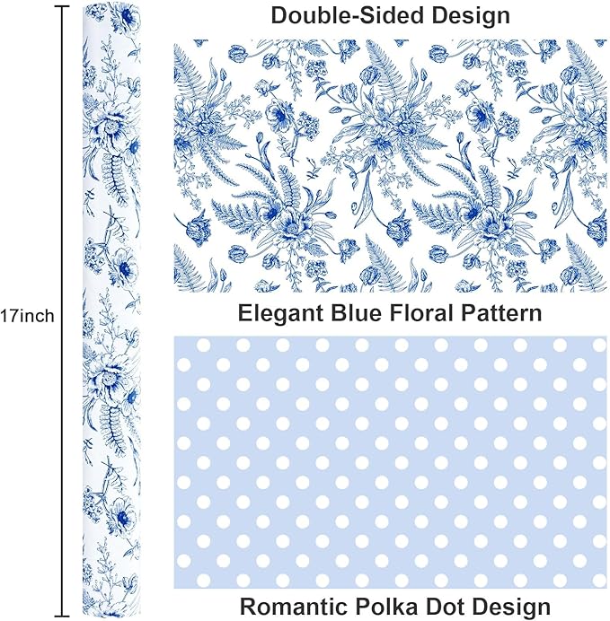 Yarcony Blue Floral Wrapping Paper Roll, Blue and White Wrapping Paper, Elegant Vintage Toile Flower Garden Gift Wrap for Upscale Gifts, Wedding, Birthday, Baby Shower, Mother's Day (17 In X 16.5 Ft)