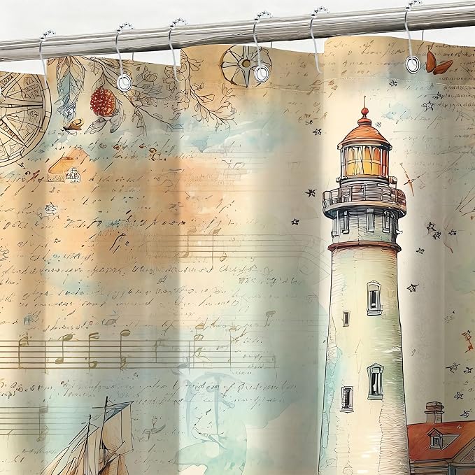 Nautical Shower Curtain Coastal Lighthouse Shower Curtains for Bathroom Waterproof Fabric Bath Curtain Decor with Hooks