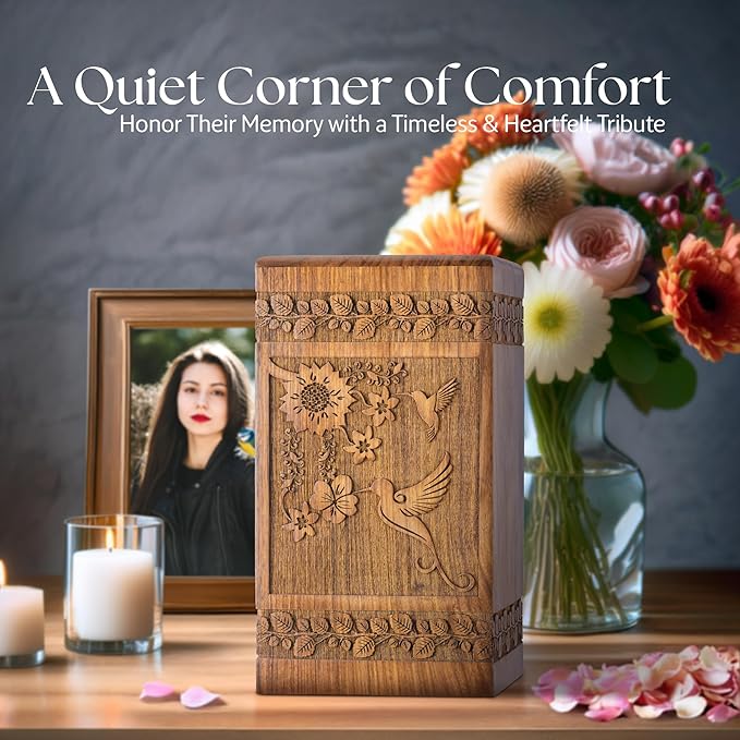 INTAJ Handcarved Rosewood Hummingbird Urn for Human Ashes Adult Male Female - Floral Carving 115 lbs Capacity - Wooden Cremation Urn Box Suitable for Burial Funeral Decorative Memorial Casket