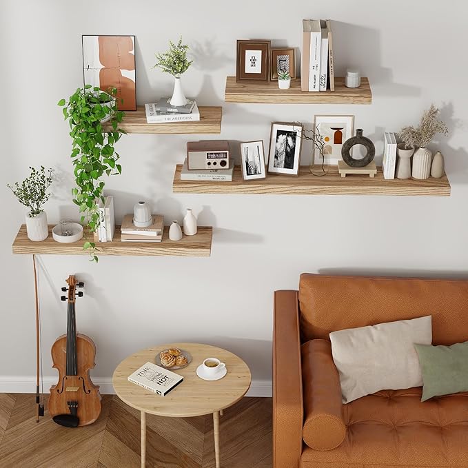 Axeman Floating Shelves, 8 Inch Deep Modern Solid Wood Wall Shelves for Storage, Wall Mounted Display Shelving with Invisible Heavy-Duty Metal Bracket, 48" W x 8" D x 1.6" H, Light Carbonized