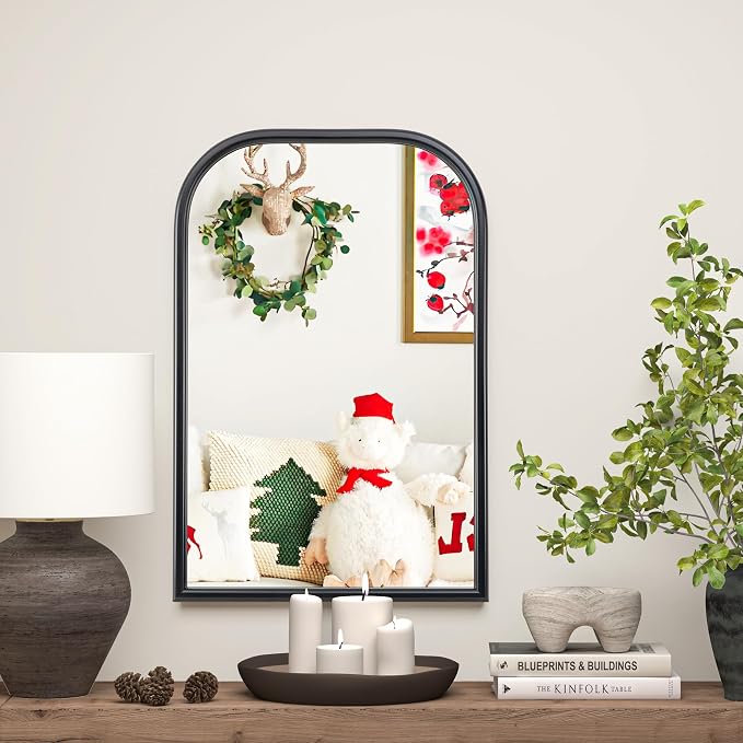 20"x30" Arch Wall Mirror Bathroom Mirror for Wall Mounted, Tempered Glass, Wood Grain Finish Frame Wall Mirror Decorative for Living Room Bedroom Entryway, Black