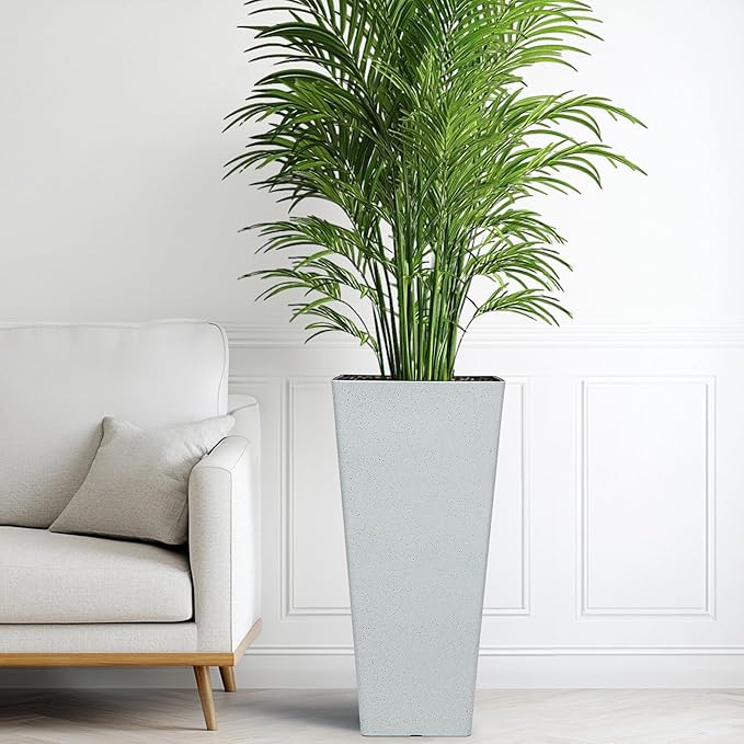 28" Plant Pots Tall Planters for Plants Outdoor Large Set of 2 Plastic Flower Pots Tapered Plant Containers Front Porch Decor for Garden, Patio, Deck, Indoor Terrazzo White