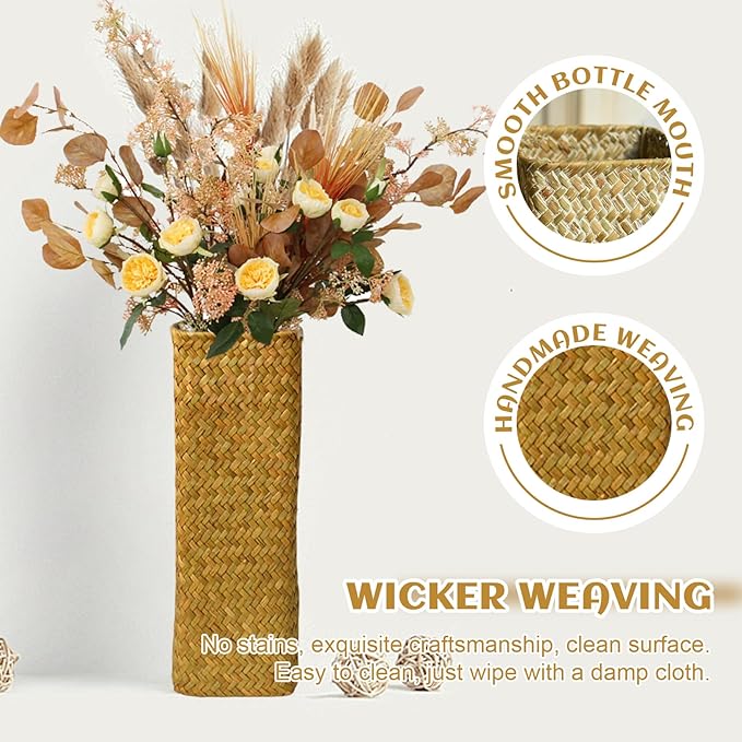 Rattan Vase, 12x4 Inch Tall Floor Vases, Rustic Rattan Decor for Weddings Home Office Cafe Table Centerpiece