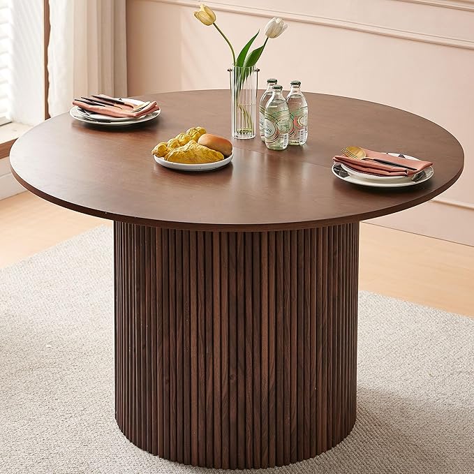 Homedot 47" Round Dining Room Table Walnut Wood Veneer Tabletop, Farmhouse Dinner Table with Two-Part Tabletop for 4-6, Rustic Circle Dining Table with MDF Strip Base for Kitchen Living Room