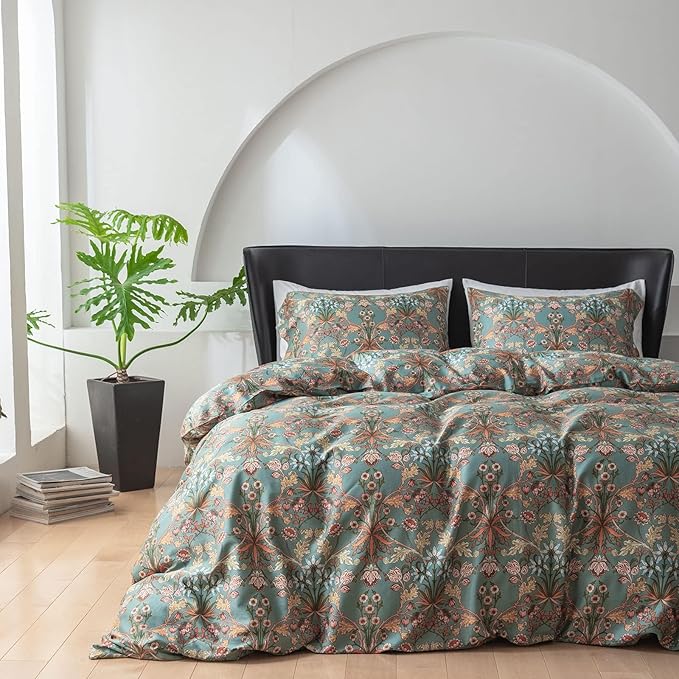 EAVD Vintage Style Botanical Floral Duvet Cover Queen Soft 100% Cotton Garden Floral Bedding Set for children,teens,adults, boys,girls,women&men Boho Floral Comforter Cover with Zipper Closure 4 Ties