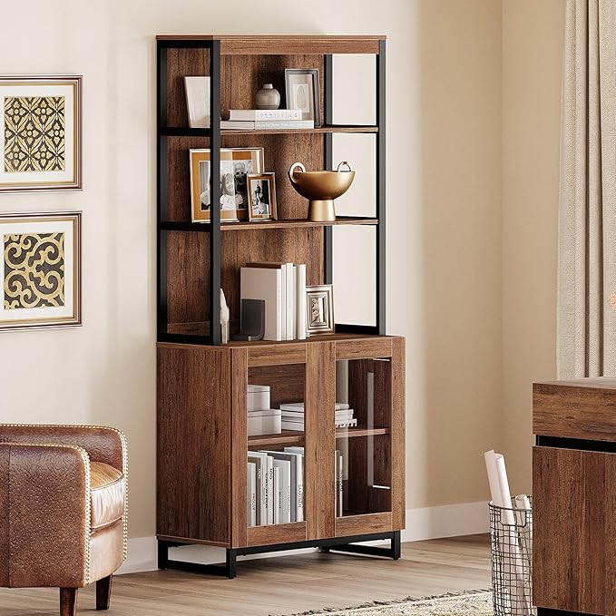 WAMPAT Modern 72" Tall Bookcase with Glass Doors and Adjustable Shelves, Library Book Shelf with Storage Cabinet and Open Book Shelfs, Wood Bookshelf for Home Office, Living Room, Brown
