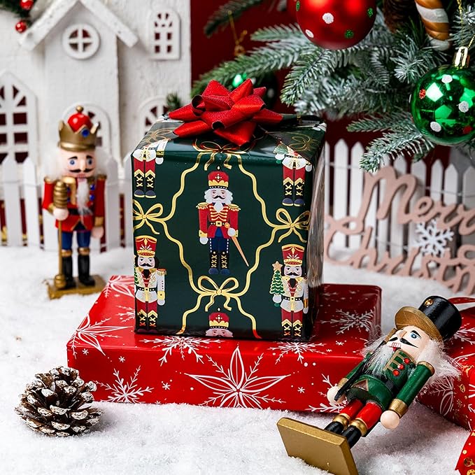 MAYPLUSS Christmas Wrapping Paper Roll - 17IN X 33FT - Green Gift Wrapping Paper Featuring Nutcracker Christmas Tree Bow Reversible Snowflake for Kids, Holiday, New Year