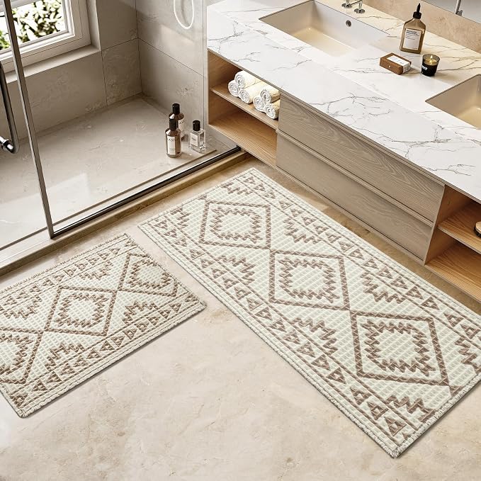 PADOOR-Waffle Bathroom Runner 24"x48", Super Absorbent Bath Mats for Bathroom, Machine Washable Non Slip Bath Rug with Tassels, Soft Bath Mat for Laundry Room, Bedroom, Cream & Brown, 2'x 4'
