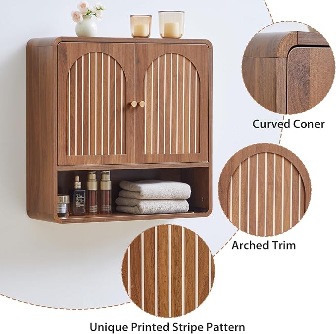 Wall Mounted Storage Cabinet for Bathroom, Mid-Century Wood Medicine Cabinet with Adjustable Shelf & Door, Over Toilet Organizers for Bathroom, Laundry Room, Kitchen (Walnut Color)