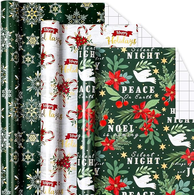 MAYPLUSS Green Christmas Wrapping Paper - 17In x 120In Per Roll - Elegant Gold Red Poinsettia, Vintage Snowflake, Peaceful Dove & Olive Branch in Flight Winter Gift Wrap for Christmas, Holiday, Party
