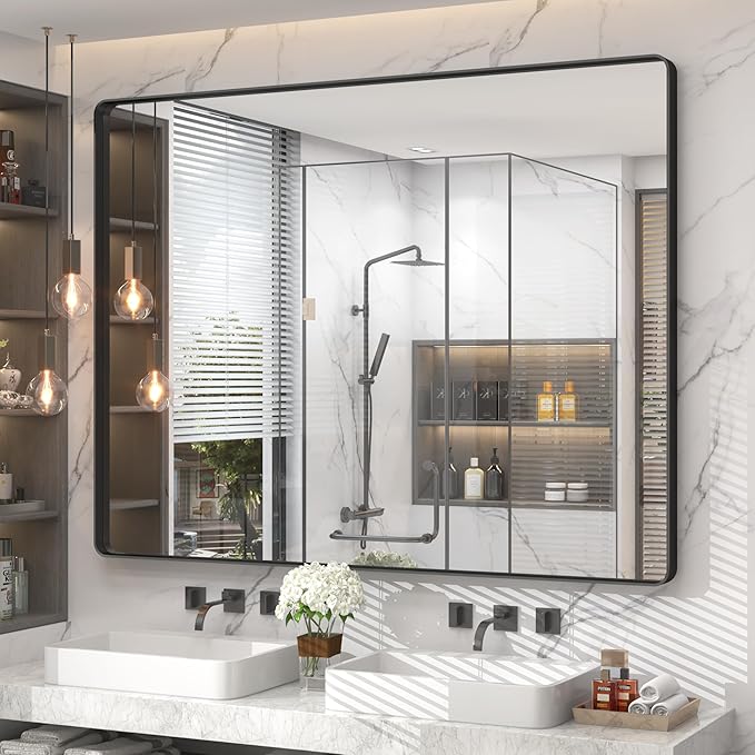 50x40 Inch Black Metal Framed Bathrrom Mirror for Wall, Black Matte Rounded Rectangle Bathroom Vanity Mirror, Anti-Rust, Tempered Glass, Hangs Horizontally or Vertically