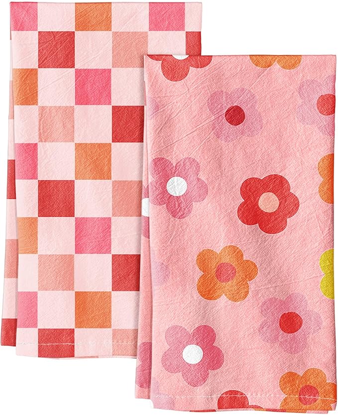 Miss Adola 2 Pack Flour Sack Kitchen Towels - 16x26 Inch Cotton Dish Towels with Hanging Loop Reusable Geometric Boho Modern Retro Tea Towel Absorbent Dishcloths Home Decor, PK Checkered Flower