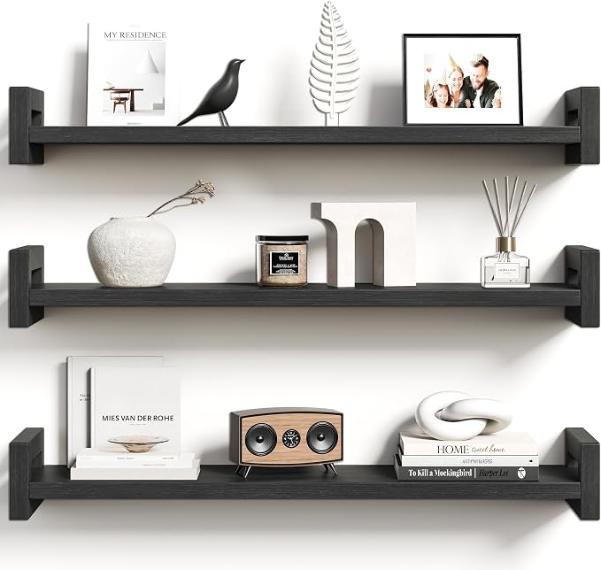 Vailando Floating Shelves for Wall, Set of 3 Solid Wood Wall Mounted Shelves, 23.6" Black Display Shelf for Bedroom, Living Room, Bathroom, and Kitchen Decor - Heavy-Duty & Natural Pine