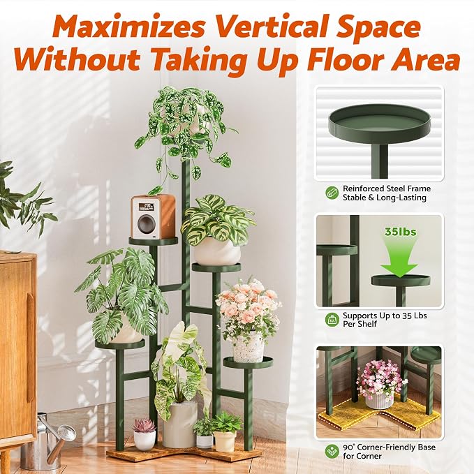 5 Tiered Plant Stand Indoor with 7.1 Inch Wide Tray, Corner Metal Stand Plant Outdoor Flower Holder Stand, Wood Tall Rack for Display Shelf for Patio Porch Office - GreenDisk