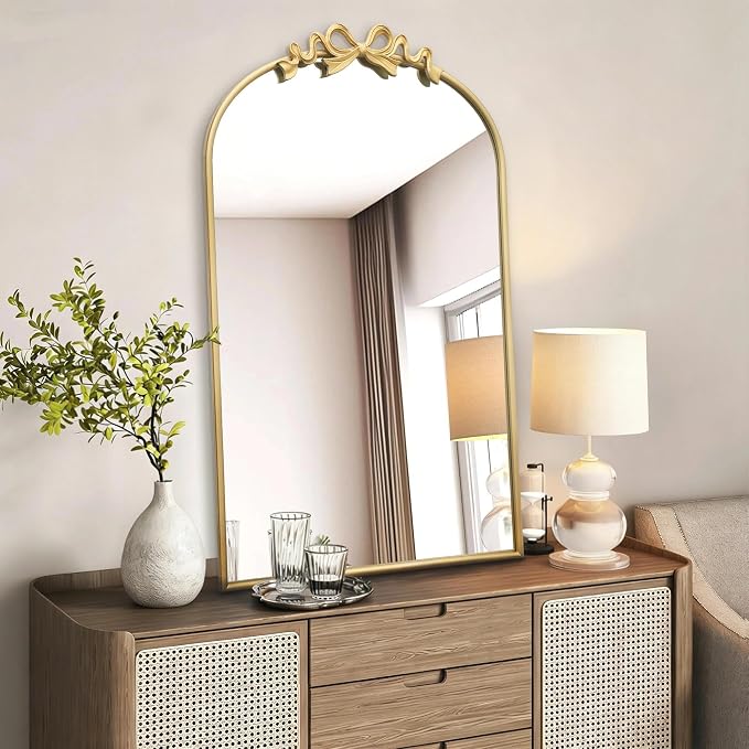 Besdomus Vintage Arched Gold Mirror: 24"x36" Large Gold Antique Bow Wall Vanity Mirror - Baroque Traditional Ornate for Bathroom/Bedroom/Living Room - Wall Decor for Housewife