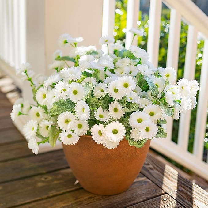 HyeFlora Dahlia Artificial Flowers for Outdoors Winter Decoration, 6 Bundles Fake Daisy White Faux Flowers Plants Realistic UV Resistant Silk Flowers for Outside Planter Front Door Yard Garden