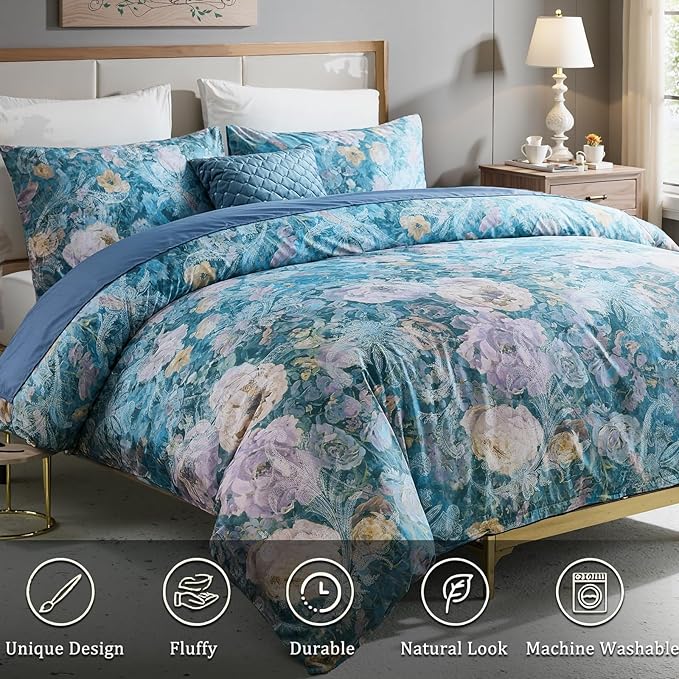 100% Cotton Duvet Cover Queen Size – Navy Blue Watercolor Floral Duvet Cover Set with Zipper Closure & Corner Ties, 3-Piece Silky Soft & Breathable Bedding Set for All Seasons