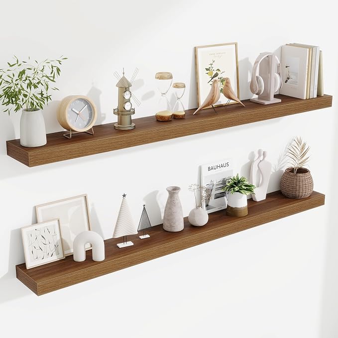Fun Memories 55 Inch Floating Shelves Bedroom, Large Extra Floating Shelf Set of 2 with Invisible Brackets, Walnut