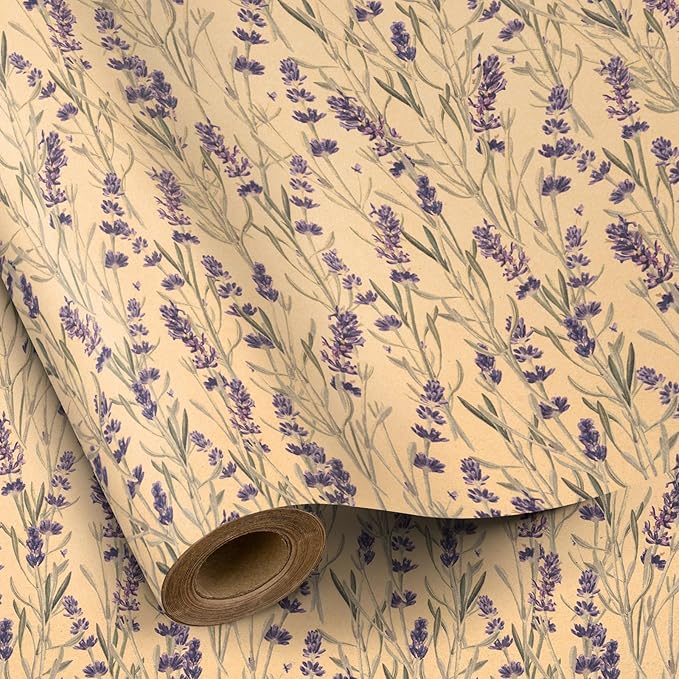 RUSPEPA Lavender Wrapping Paper Roll for Women, Delicate Floral Kraft Gift Wrap, Purple Lavender Design Perfect for Spring, Wedding, Mother's Day, Bridal Shower and Birthday, 17 Inches x 16.4 Feet