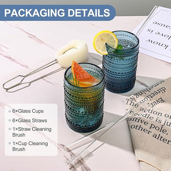 ZMOWIPDL Vintage Glassware Drinking Glasses Set of 6,15 oz Hobnail Glass Cups,Embossed Blue Water Tumbler,for Beer,Cocktail,Whiskey,Juice and Various Mixed Drinks- 1 Cleaning Brush