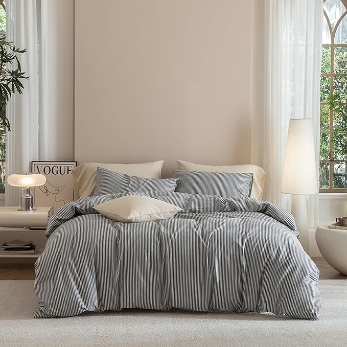 JIYUAN 100% Washed Cotton Striped Duvet Cover Set 3 Pieces King, 1 Duvet Cover and 2 Pillowcases(Comforter Not Included),Linen Like Comfy and Breathable,Pinstripes-Heathered Dark Grey White
