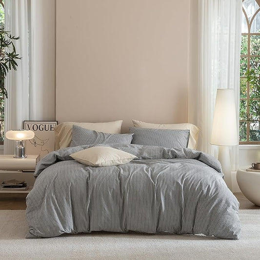 JIYUAN 100% Washed Cotton Striped Duvet Cover Set 3 Pieces Queen, 1 Duvet Cover and 2 Pillowcases(Comforter Not Included),Linen Like Comfy and Breathable,Pinstripes-Heathered Dark Grey White