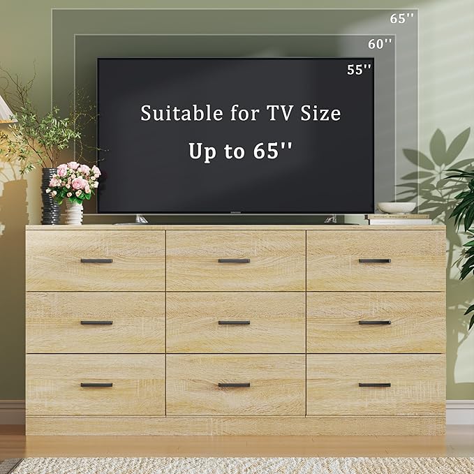 9 Drawer Dresser for Bedroom, 60'' Long Mid Century Modern Dressers TV Stand, Wood Vintage Chests of Drawers, Large Storage Organizer for Bedroom, Closet, Entryway, Natural Oak