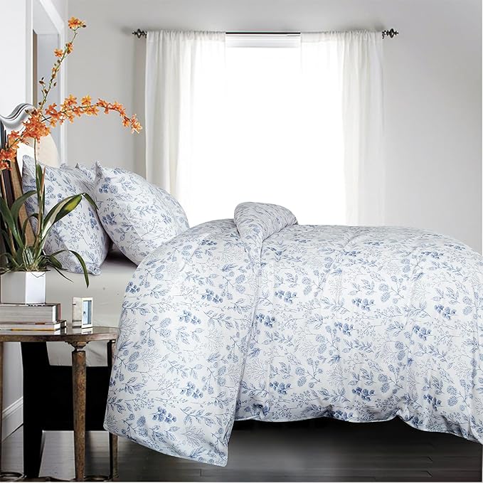 Floral Comforter Set Twin 2 Pieces Soft Bedding Comforter Set Garden Style Chic Blue Floral Print Botanical Flower Comforter for All Seasons 1 Comforter and 1 Pillowcases