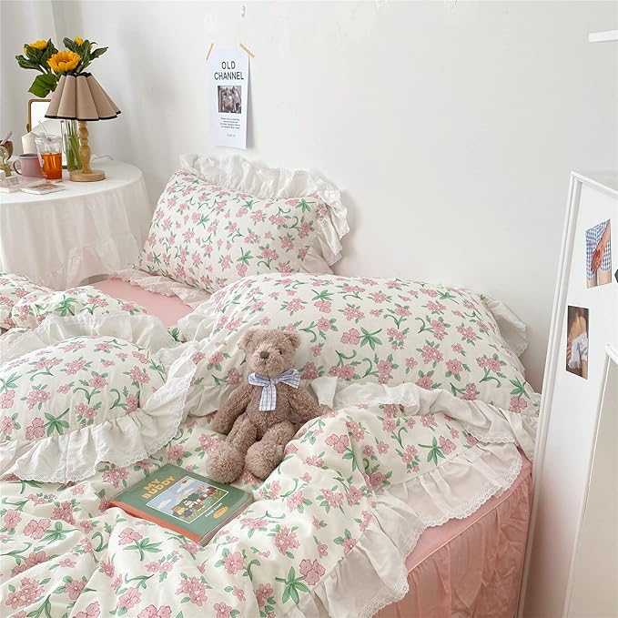 VM VOUGEMARKET Pink Floral Comforter Set Queen Romantic Ruffle Comforter with 2 Pillow Shams Vintage Cozy Princess Bed Comforter Set for Girls Women(3pcs,Queen)