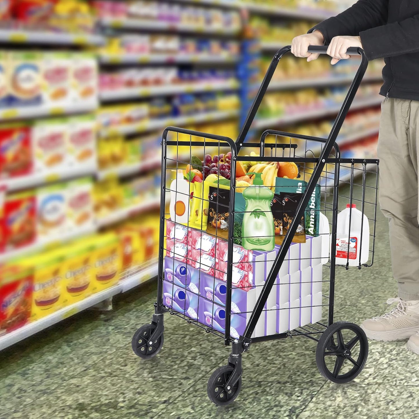 SUPER DEAL Folding Shopping Cart - Durable Wheels & Double Basket for Groceries, Black