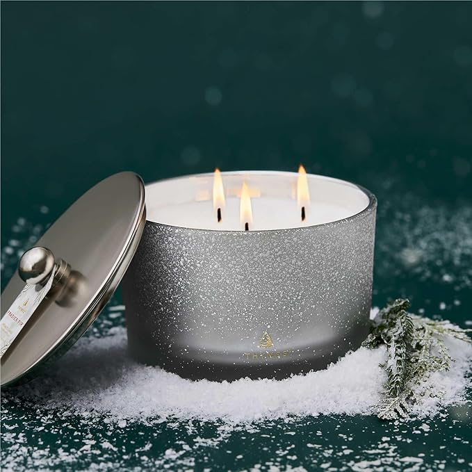 Thymes Frasier Fir Flocked Jar Candles – Holiday Scented Candles for Home with Notes of Crisp Siberian Fir, Cedarwood & Sandalwood – Luxury Home Decor Gifts for Women & Men (3-Wick, 18 oz)