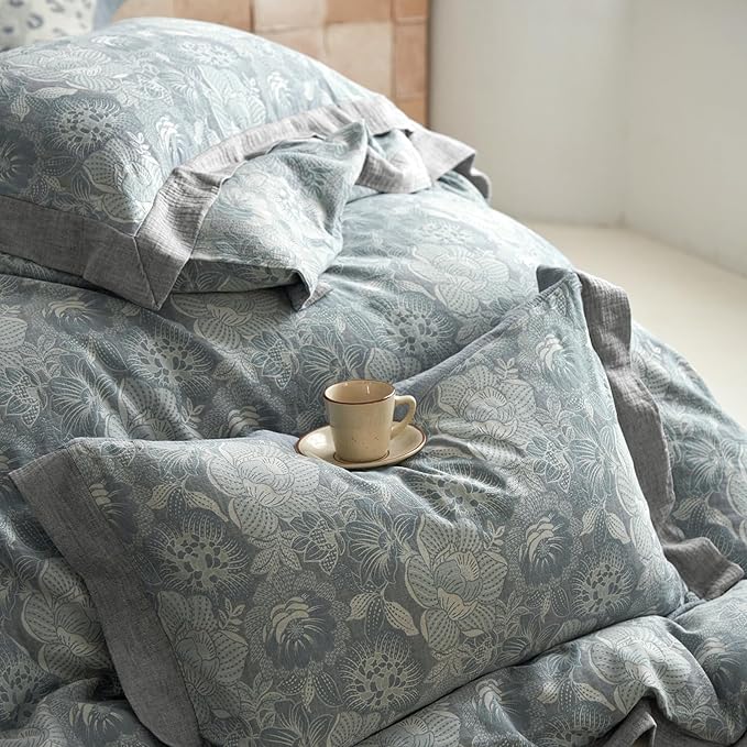Vintage Grey Duvet Cover Queen 3 Pieces Exquisite Jacquard Flower Bedding Set Queen Yarn-Dyed Cotton Linen Duvet Cover Chic Flower Botanical Comforter Cover Farmhouse Bedding Set Breathable Soft