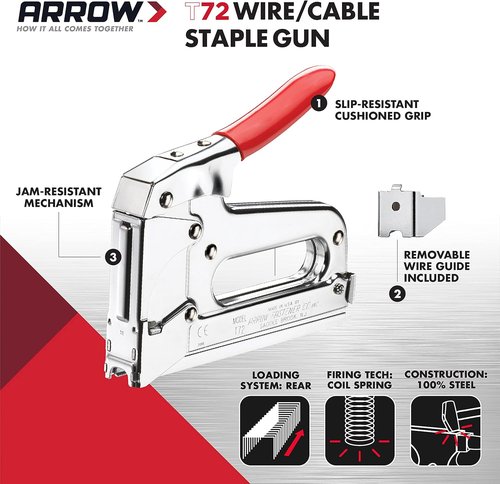 Arrow T72 Heavy-Duty Wire Staple Gun - Manual Tool for Installing Telecommunications Cables