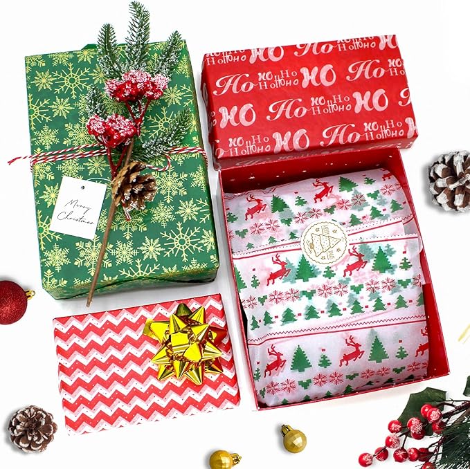 Hifunwu 120 Sheets Christmas Tissue Paper for Gift Wrapping Bags, Christmas Holiday Tissue Paper Bulk for Gift Bags Wrapping