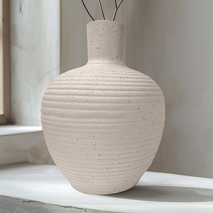 Oakrain Large Flower Vase with Groove Texture, 17" Tall Floor Vase, Narrow-Mouth Handcrafted Decorative Centerpiece for Modern Home Decor