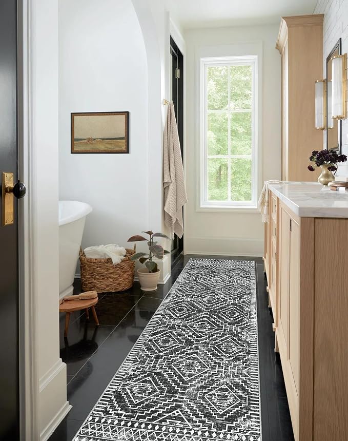 Wonnitar Moroccan Hallway Runner Rug 10 ft, Machine Washable 2'6"x10' Long Runner Rugs for Kitchen, Boho Non-Skid Soft Low Pile Carpet Runner for Entryway Hall Entrance (Dark Grey,2'6"x10')