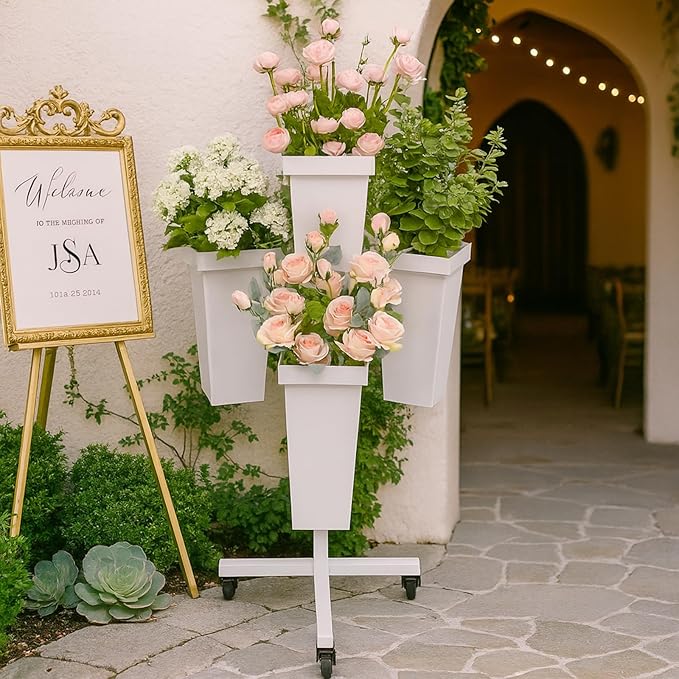 Flower Display Stand with Buckets - Flower Cart with Wheels for Bouquet Shop, Metal Flower Rack Display Stand for Wedding Garden, Party, Events (White, Square buckets)