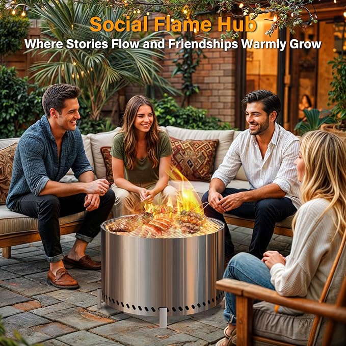 HGD 28 Inch Smokeless Firepit, Stainless Steel Fire Pit, Wood Burning Firepit for Patio Garden Picnic