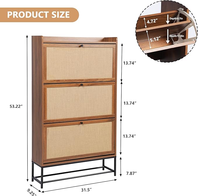 LEVNARY Shoe Cabinet for Entryway, Slim Shoe Cabinet with 3 Flip Drawers Narrow Shoe Storage Cabinet, 4 Tier Freestanding Shoe Organizer for Entryway, Hallway (2, Walnut)