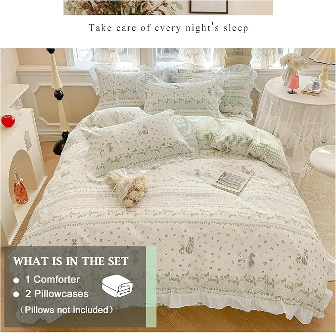 VM VOUGEMARKET Twin Comforter Set with Flower Green Leaves Prints White Ruffle Bedding Down Comforter with 2 Pillow Shams Cute Rabbit Comforter Set for Kids(3pcs,Twin XL)