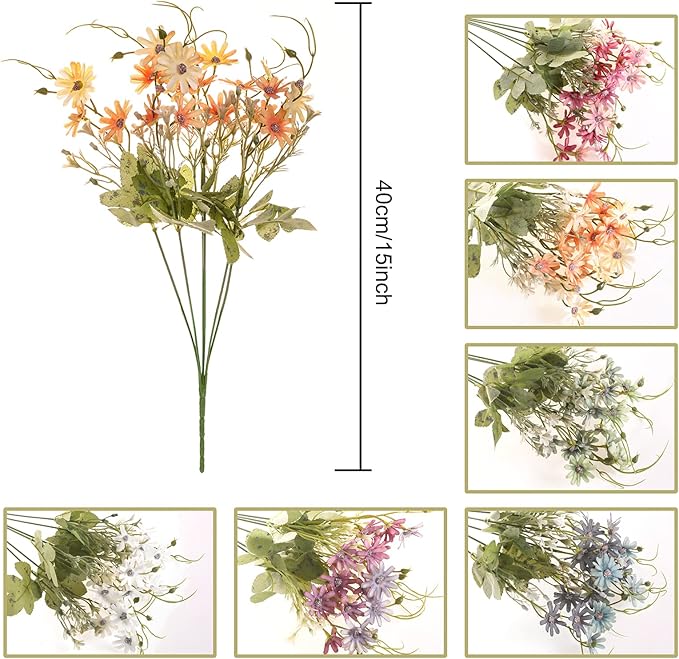 Artificial Flowers Wildflowers Silk Daisy Spring Fake Daisies Decoration Summer UV Resistant Colorful Mixed Bundles Faux Greenery Outdoor Plant Stem Filler for Home Decor Indoor Floral Arrangements