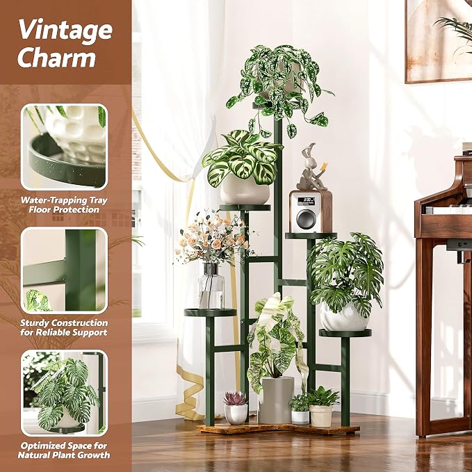 5 Tiered Plant Stand Indoor with 7.1 Inch Wide Tray, Corner Metal Stand Plant Outdoor Flower Holder Stand, Wood Tall Rack for Display Shelf for Patio Porch Office - GreenDisk