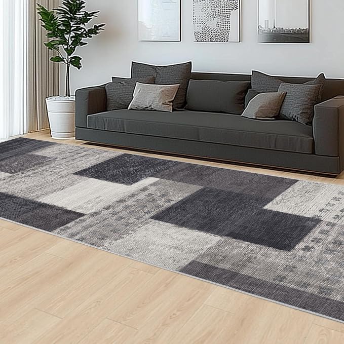 Modern Geometric Patchwork Indoor Runner Rug for Living Room, Charcoal 2.7'x 10' Rug Rockwood Collection Hardwood Floors Decor for Bedroom, Grey Throw Carpet for Office Entryway Dining Room